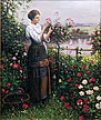 Knight, Daniel Ridgway, Tending the Rose Garden Fine Art Oil Painting